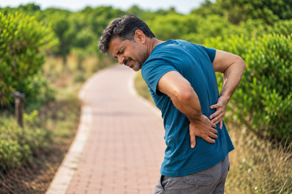 A man holding his lower back while outdoors